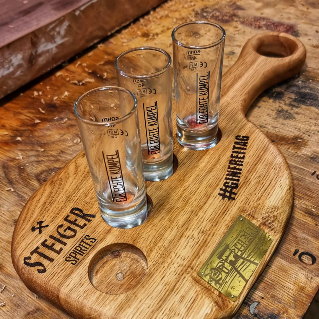 Steiger SchnapsTräger - aus Nussholz + 4 Shot-Gläser